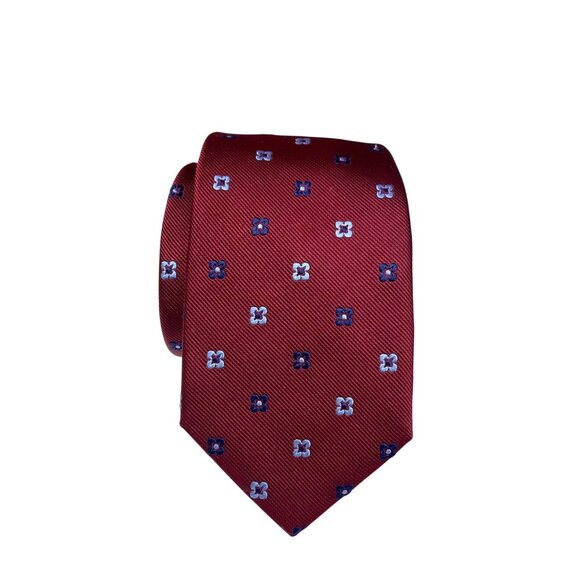 Duchamp Mens Burgundy Silk Tie With Blue & White Floral Pattern - Picture 1 of 8